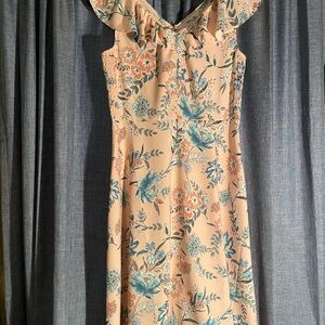 Loft Outlet Tea Length Floral Print Ruffle Dress ( Sz M)